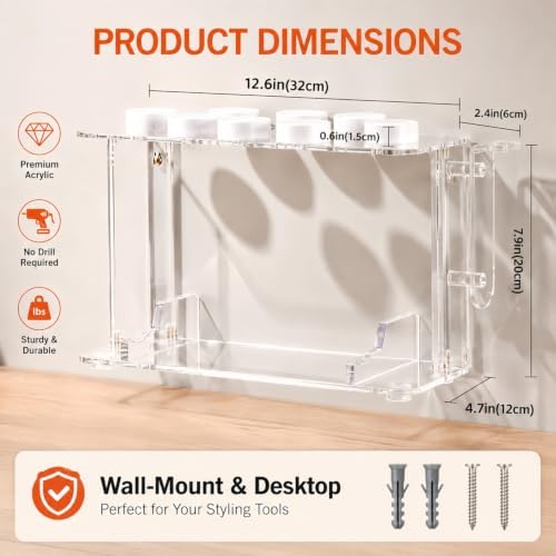 Shark Hair Dryer Holder, Hair Tool Holder for Dyson Airwrap & Shark Attachments, Hair Dryer Stand Wall Mounted or Desktop, Acrylic Blow Dryer Holder with 8 Slots Cord Hook, Bathroom CHOCHOYAH - Image 6
