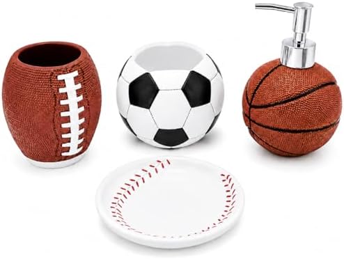 4-Piece Sports Bathroom Accessories Set Complete with Basketball Lotion/Soap Dispenser,Soccer Bath Cup/Tumbler,Base Ball Soap Dish,Football Toothbrush Holder by YangShiMoeed