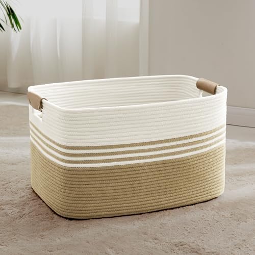 72L Large Woven Laundry Basket Hamper with Leather Handles,Khaki by SunNewt
