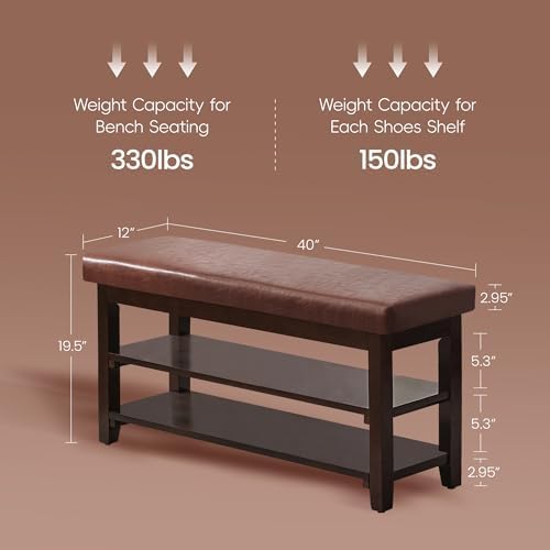 40" Shoe Bench with Leather Cushion, Upholstered Entryway Bench, Dark Brown - Image 2