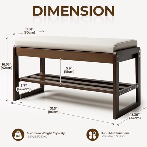 Shoe Rack Bench with Cushion, 2-Tier Entryway Bench with Storage for Front Entrance, Hallway Living Room Bedroom (Walnut, 31.5") - Image 2