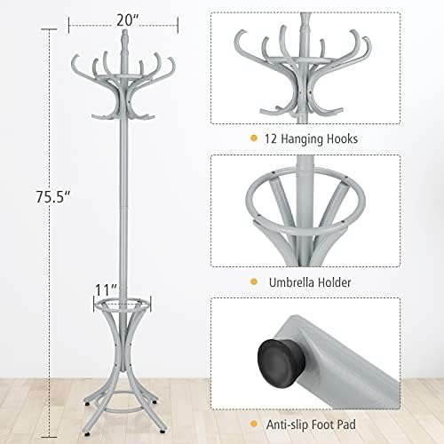Tangkula 75.5" Standing Coat Rack, Wood Coat Tree with 12 Hooks, Home Hat Jacket Hanger Tree 12 with Umbrella Holder Coat Stand (Grey) - Image 5