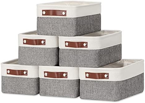 DULLEMELO Small Storage Baskets 6 Pack, Fabric Collapsible Gift Storage Baskets for Shelves, Closets, Nursery, Home, Office Organizing,Small Canvas Linen Rectangular Storage Bins (6-Pack, White&Grey) by DULLEMELO