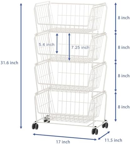 PUSDON 4-Tier Spacious Stackable Wire Storage Baskets with Wheels, Metal Rolling Utility Cart, Produce Basket for Pantry, Bathroom Organizer Shelf, Classic White - Image 5