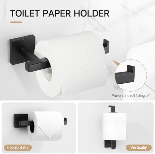 TQKAG Matte Black Bathroom Hardware Accessories Set 10 Pieces, 23.6" SUS304 Stainless Steel Towel Bar Set Wall Mounted Includes Single Towel Bar, Towel Ring, Toilet Paper Holder, Double Towel Hooks - Image 5