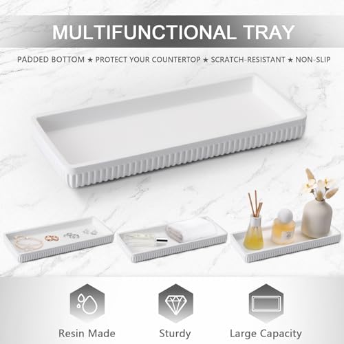 XLHOMO Resin White Bathroom Accessories Set 5 Pcs, Lotion Soap Dispenser, Toothbrush Holder, Bathroom Tumbler, Qtip Holder and Vanity Tray, Bathroom Countertop Organizer Set for Modern Home Apartment - Image 5