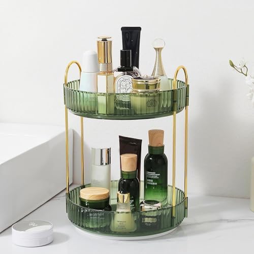 Rotating Makeup Organizer for Vanity, Perfume Skincare Lipstick Organizers for Bathroom Countertop, Clear Make up Storage for Dresser, Bathroom Cosmetics Organizer Storage 360 Spinning(2 Tier, Green) by Aveniee