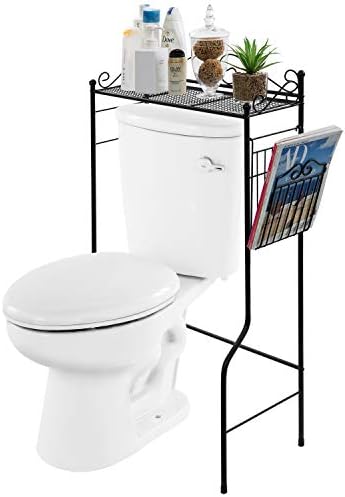 MyGift Over The Toilet Standing Shelf Storage with Magazine Basket, Freestanding Bathroom Space Saver Organizer Rack, Black Metal Vintage Scrollwork Accents by MyGiftHome