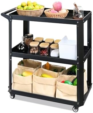 3 Tier Metal Utility Rolling Cart with Wheels, Black by ToolCart