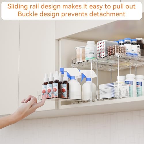 Yieach 4 Set Bathroom Organizers and Storage,2 Tier Clear Under Sink Organizer and Medicine Cabinet Organizer for Kitchen,Pantry Storage,Pull Out Drawers for Skincare,Pill Bottle,Spice Organization - Image 5