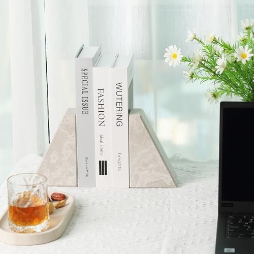 Marble Bookends for Heavy Books, Decorative Book Ends for Shelves, Durable and Heavy-Duty Bookends for Hardback Book & CDS, Off-White Unique Books Stopper & Holder, Set of 2 - Image 6