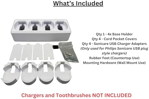 4 Slot Family Electric Toothbrush Charger Holder and Bathroom Organizer, for Select OralB and Philips Sonicare Tooth Brush Chargers (See Compatability Image), Countertop Stand or Wall-Mounted, White - Image 6