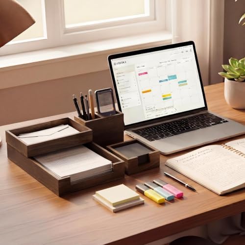 4 Pack Wood Office Supplies Desk Organizer Set for Front-load Documents Tray, Sticky Note Holder, Pen Cup, Stackable Small Letter Mail Sorter Tray, Workspace Decor for Women Men (Brown) - Image 6