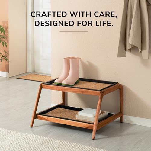 Anji Mountain Heavy Duty Waterproof Wooden Shoe Storage Mat Organizer/Boot Storage Tray Multi Use for Entryway with Coir, Tan and Blue Insert, 2 Tier, Fits 4 Pair (26.5" Wide) - Image 6
