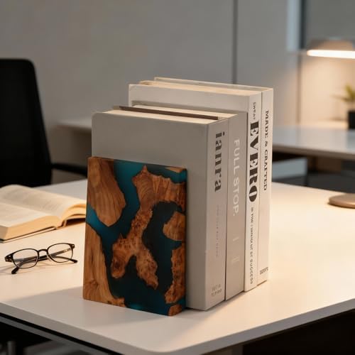 Glow in The Dark Bookends, Wood Bookends for Shelves,Blue Luminous Book Ends with Burl Wood and Resin,Decorative Book Stopper Binder and Dividers, Blue, Large,Unique Desk Decor for Home Office Library - Image 4