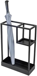 MyGift Modern Black Metal Entryway Umbrella Rack with Geometric Design, 13 x 5-inch Wide Rectangular Freestanding Cane Umbrella Holder with Shelf for Small Umbrellas and Bottom Drip Catch Tray - Image 6