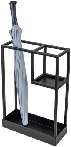 MyGift Modern Black Metal Entryway Umbrella Rack with Geometric Design, 13 x 5-inch Wide Rectangular Freestanding Cane Umbrella Holder with Shelf for Small Umbrellas and Bottom Drip Catch Tray - Image 6