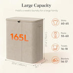 Lifewit 165L 3 Section Laundry Hamper with Lid, Laundry Basket, Beige - Image 2