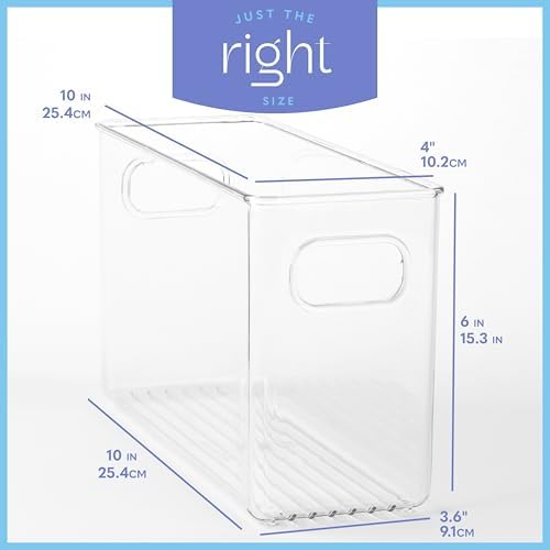 Plastic Food Storage 6 Pack Clear Container Bin with Handles for Organizing Kitchen, Pantry, Refrigerator, Freezer, Pantry, Cabinet, Closet, Bathroom. 10”x4”x6” - Image 3