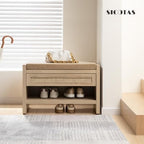 SICOTAS Rattan Shoe Bench Entryway Bench with Storage Drawer, Linen Cushion - Image 4