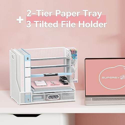 Desk Organizer with 5 Tier File Holder and Sliding Drawer Pen Holder White - Image 2