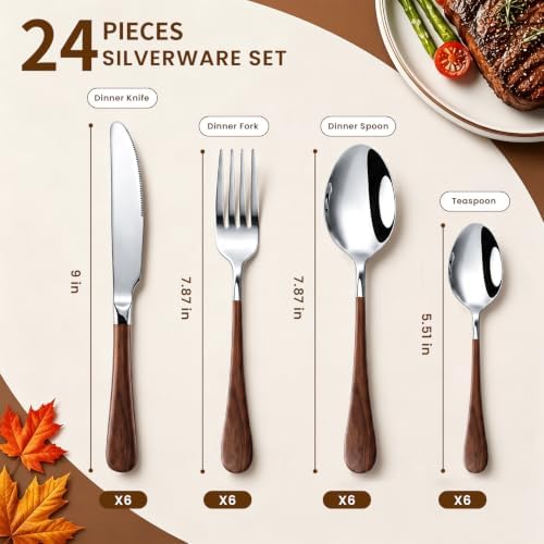 Orange Silverware Set with Expandable Drawer Organizer for 6-24 Piece Stainless Steel Flatware Set with Spoons, Forks, Knives, Heavy Duty Mirror Polished for Home/Kitchen/Restaurant (Woodgrain) - Image 6