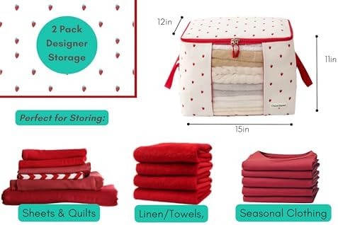 Chaos Cleared Canvas Storage Bags Designer Organizer 2 Pack – Seasonal Storage for Sweaters, Blankets, Linens & Garments – Foldable Design with Zip & Window (Strawberry Print) - Image 2
