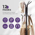 Coat Rack Freestanding,Entryway Hanger Stand,Umbrella Holder,Hall Tree With 12 Hooks, Floor Standing Metal Tree Stand,Black - Image 4