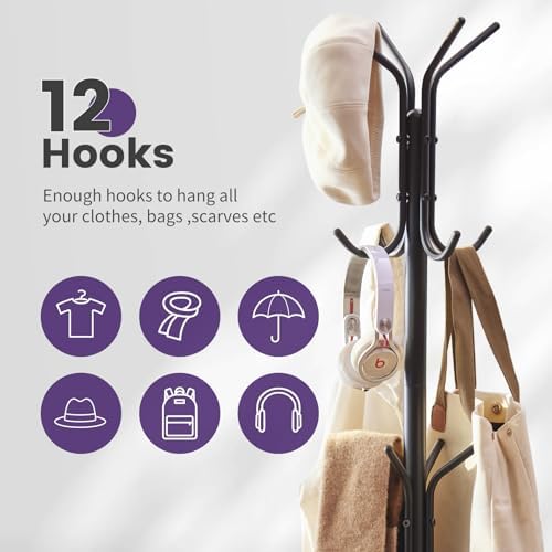 Coat Rack Freestanding,Entryway Hanger Stand,Umbrella Holder,Hall Tree With 12 Hooks, Floor Standing Metal Tree Stand,Black - Image 4