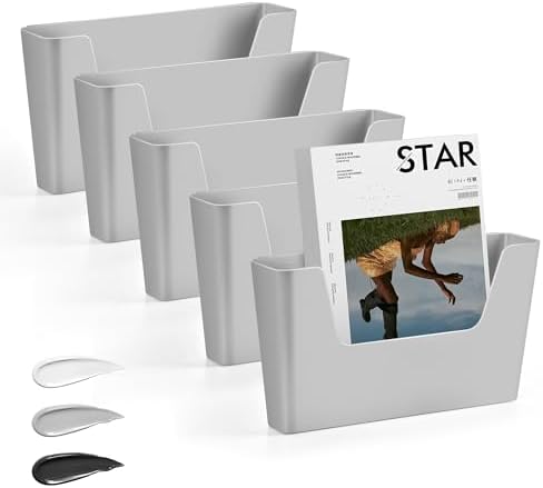 JOMOLA No Drilling File Holder 5 Pack Mail Organizer Wall Mount File Organizer Holder Office Wall Hanging Files Magazines Organizer Plastic Door Mount Wall Pocket with Adhesive Pad, Grey Color by JOMOLA
