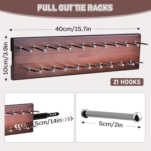 Pull Out Tie Rack for Closet, Wood Sliding Belt Rack with 21 Tie Hanger - Image 2