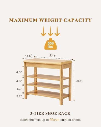IUNVR Shoe Rack Bench Seat Rubberwood 3-Tier Wooden Storage Bench 550lbs Compact Mid-Century Modern Design for Entryway, Hallway, Closet, Front Door Entrance, Foyer - Image 2