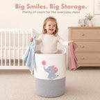 Elephant Baby Laundry Basket for Girl Nursery, Pink Rope Hamper, 20x15 in - Image 3
