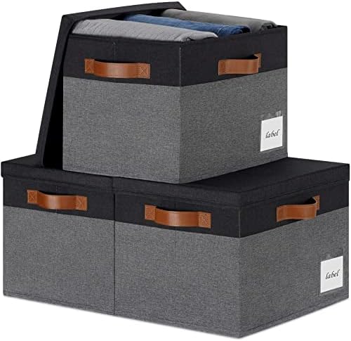 Extra Large Storage Bins with Lids, Foldable Fabric Storage Baskets with Lids, Sturdy Storage Boxes with Labels and 3 PU Handles for Closet Home Bedroom Office (32L, 3 Packs, Grey&Black) by PFFVRP