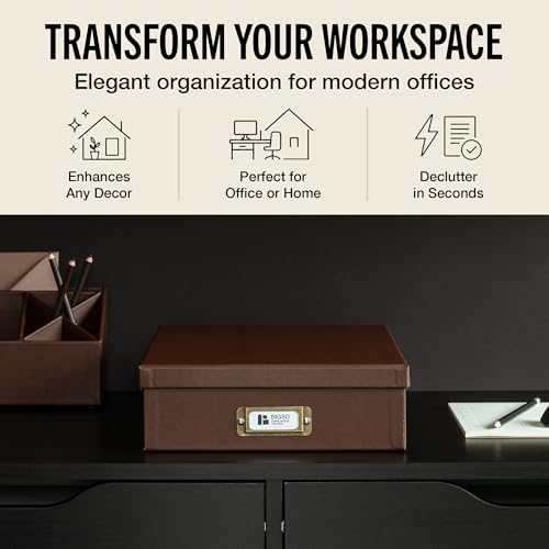 Bigso Oskar Fiberboard Document Storage Box with Lid for A4 and Letter Size Papers - Stylish, Sturdy, and Stackable Keepsake Box with Label Holder - W10.2in x D13.8in x H3.3in - Recycled Leather - Image 2