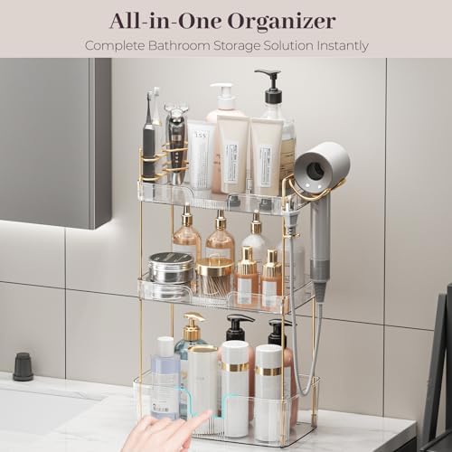 Aveniee Bathroom Counter Organizer Countertop, 3 Tier Makeup Perfume Storage with Hair Dryer Rack and Toothbrush Holder, Cosmetic Tray for Vanity - Clear - Image 2