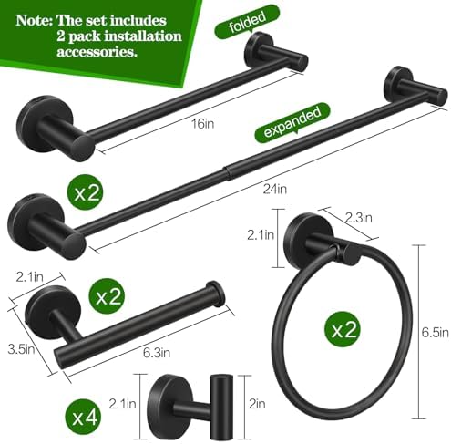 10pcs Matte Black Retractable Bathroom Hardware Set, - Image 6