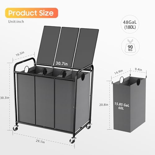 180L Laundry Sorter 3 Section, Rolling Laundry Basket with Wheels and Lid - Image 2