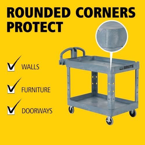 Rubbermaid Commercial Products BRUTE Heavy Duty 2-Shelf Utility/Service Cart, Medium, Lipped Shelves, Ergonomic Handle, 500 lbs. Capacity, Gray, for Warehouse/Garage/Cleaning/Maintenance/Stadiums - Image 5