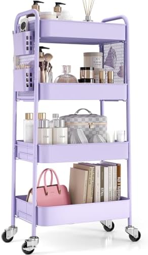 TOOLF 4 Tier Rolling Cart, Metal Utility Storage Cart with Pegboard, Purple by TOOLF