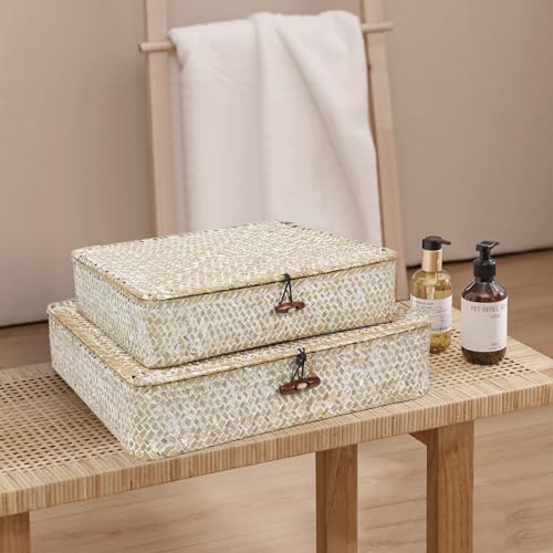 Set of 2 Flat Seagrass Storage Bins with Lid Wicker Storage Baskets for Organizing, Woven Shelf Organizer Bins Home Utility Organizer Box for Home & Office Supplies - Image 7