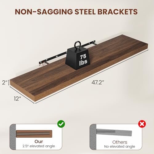 Vivelove Deep Floating Shelves 48x12” Set of 2, Walnut - Image 3
