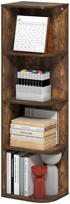 Furinno PASIR Book Shelf, 4-Tier Corner Bookshelf with Open Shelf, Standing Bookcase, 9.3 x 12 x 41.4, for Organization and Storage, for Living Room, Bedroom, Home Office, Amber Pine by Furinno-FitsYourSpaceFitsYourBudget