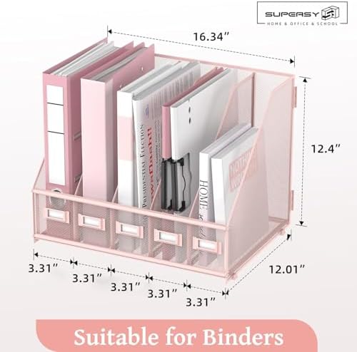SUPEASY Desk Organizers Metal Desk Magazine File Holder with 5 Vertical Compartments Rack File Organizer for Office Desktop, Classroom, Home Workspace, Pink Plus - Image 3