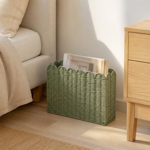 Green Paper Rope Magazine Holder, Scalloped Magazine Basket - Image 7