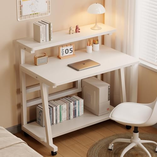 Rolling Computer Desk, 31.5 Inch Small Desks For Small Space, Portable Small Computer Desk with Monitor Stand & 3-Tier Storage, Portable Desk on Wheels for Writing, Home Office, Small Desk for Bedroom - Image 2