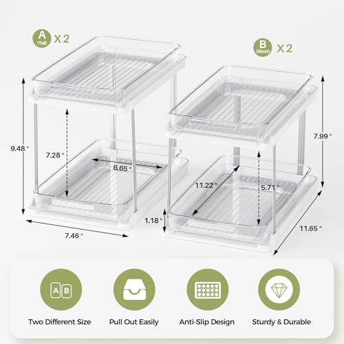 Delamu 2-Tier Bathroom Under Sink Organizers and Storage, Pull Out Cabinet Drawers with Anti-Slip Design, Multi-Purpose Storage for Kitchen, Pantry, Bathroom & Home Organization, White, 4 Pack - Image 2
