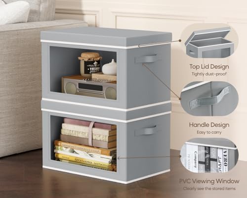Homsorout Collapsible Storage Bins with Lids - Stackable Storage Containers with Window, 15.7 Inch Fabric Organizing Bins for Closet, Home & Office Organization Baskets, Grey, 3 Pack - Image 4
