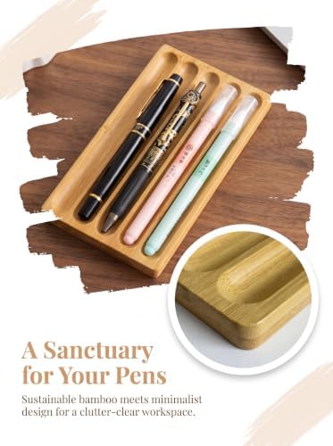 Natural Bamboo 5-Slot Fountain Pen Storage Tray, Anti-Roll Wooden Pen Organizer, Minimalist Zen Desk Pen Holder for Pen Collectors, Office & Study Desktop Stationery Display Tray - Image 2