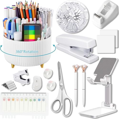 Office Supplies, White Desk Accessories,Desk Organizer,Phone Stand,Scissors,Stapler,Tape Dispenser,Binder clips,Staples,staple remover,Sticky Notes,Index Tabs,Clear Tape,Mini Box Cutter,Cool Pen.16pcs by suniya